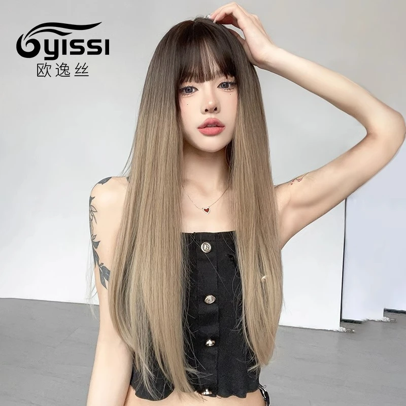 渐变假发女长发欧美甜酷风烟灰色长直发空气刘海仿真头皮全头套