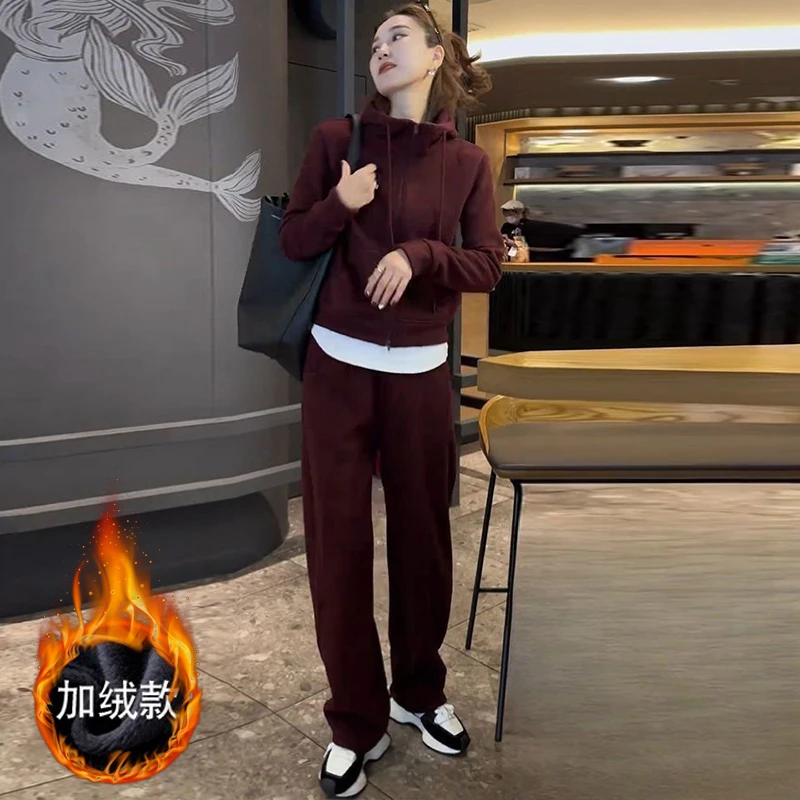 秋冬港味复古休闲运动套装女装2024新款洋气外套阔腿裤保暖两件套