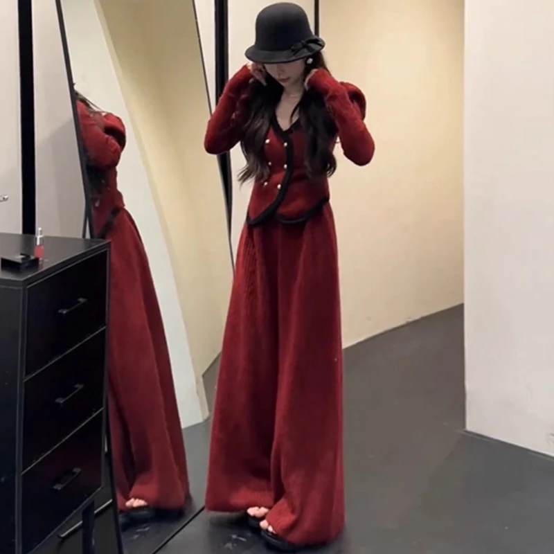 红色新年圣诞气质毛衣两件套女秋冬休闲减龄直筒裤针织衫时尚套装