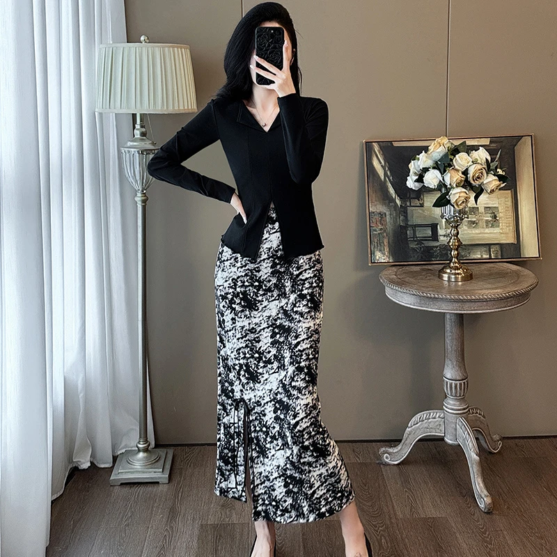 黑色气质时尚套装女春秋季V领开叉修身长袖上衣包臀半身裙两件套