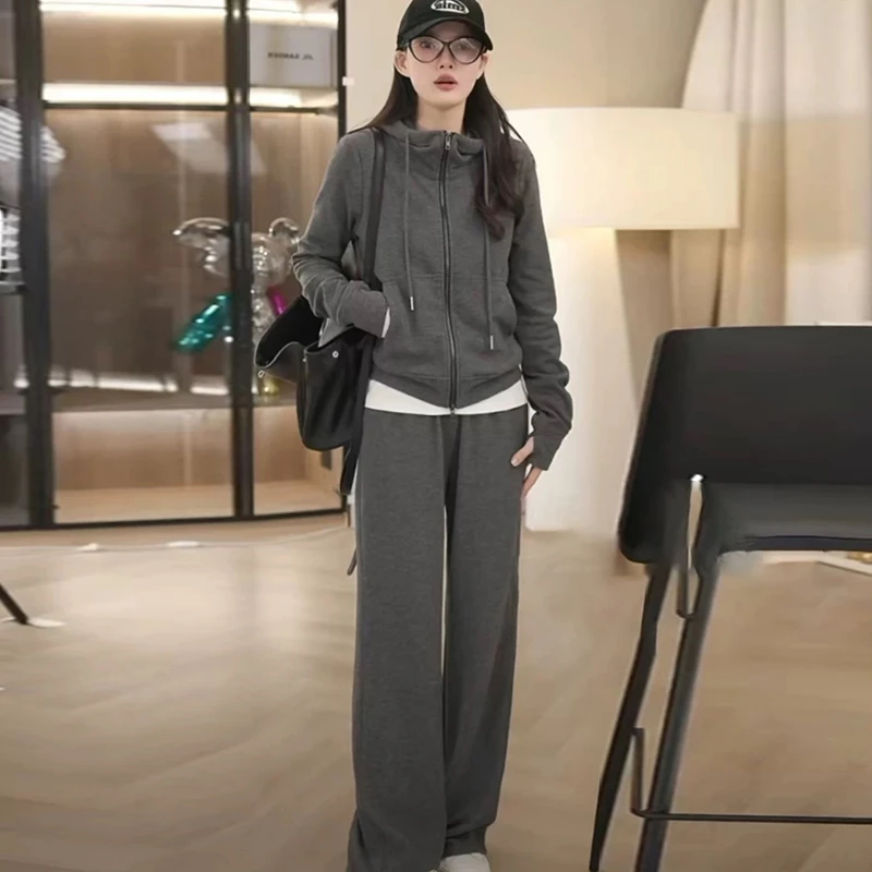 2025秋新款欧货灰色休闲运动套装女时尚减龄外套上衣阔腿裤两件套