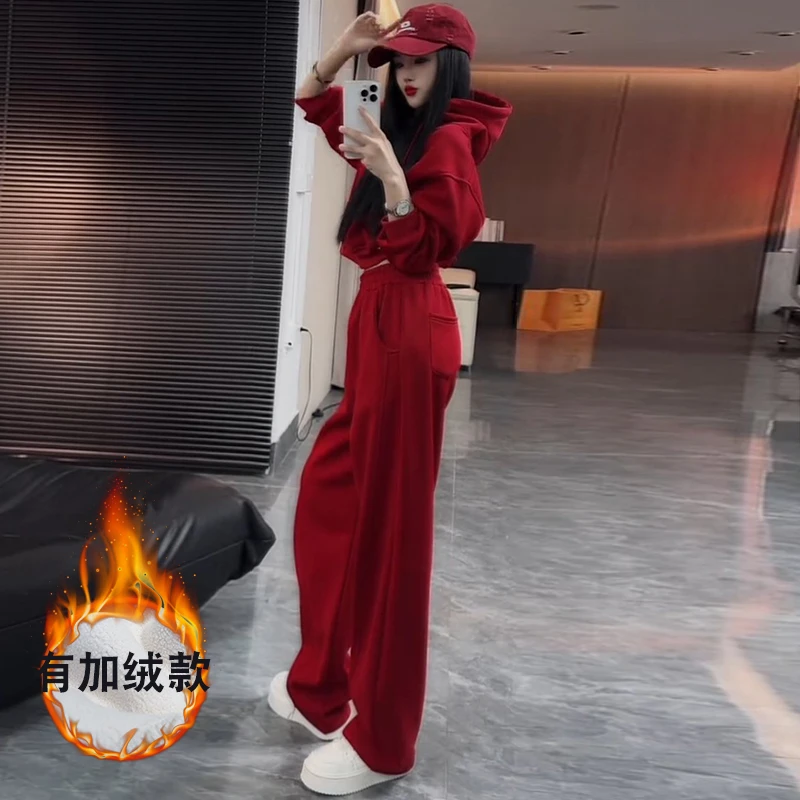 欧货红色连帽卫衣气质直筒裤女秋冬季时尚加绒保暖休闲运动两件套