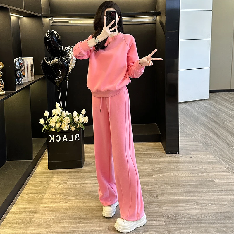 休闲运动套装2025冬季女装洋气减龄加绒卫衣阔腿裤两件套