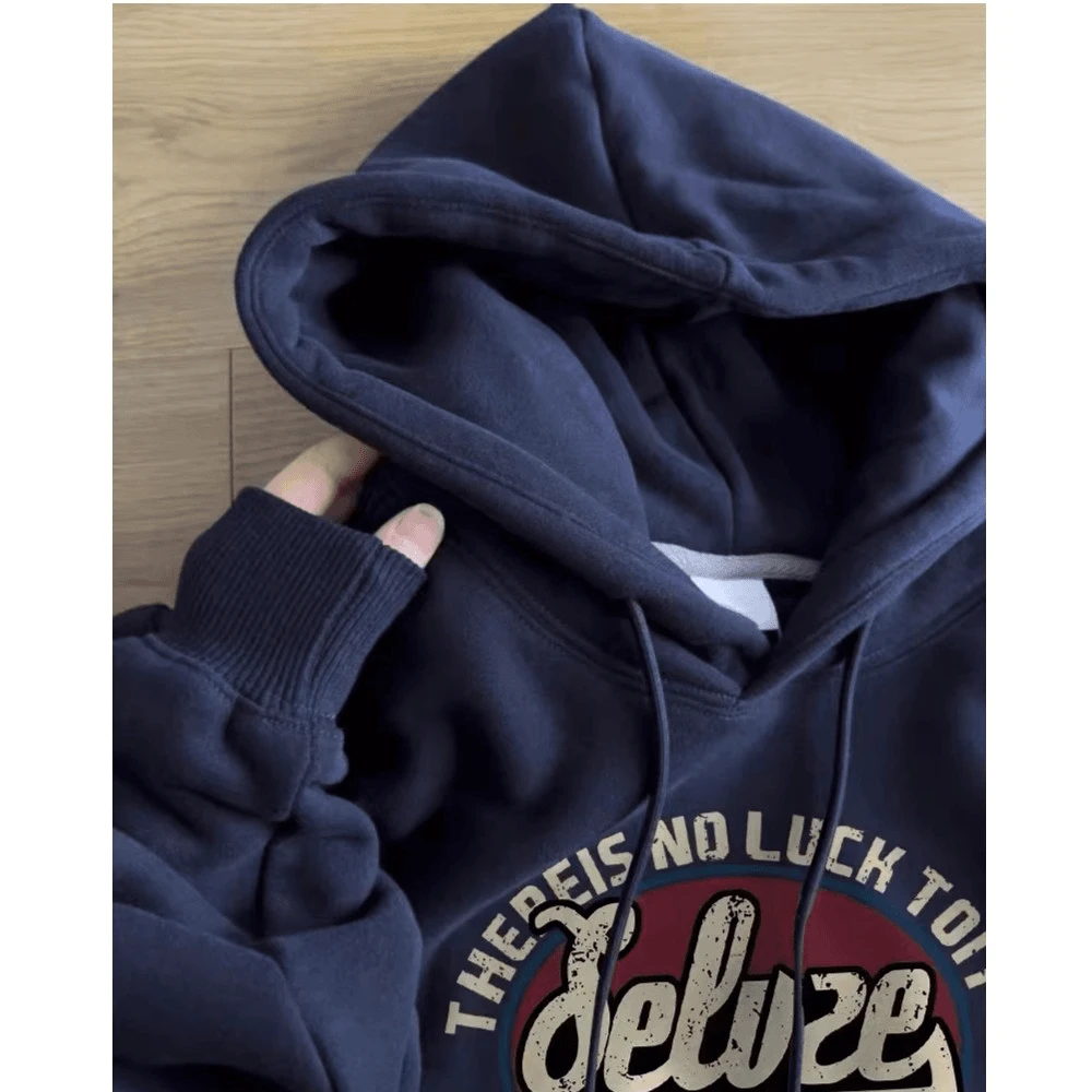 太美了~强烈推~藏蓝色连帽卫衣女复古印花宽松Oversize情侣装卫衣