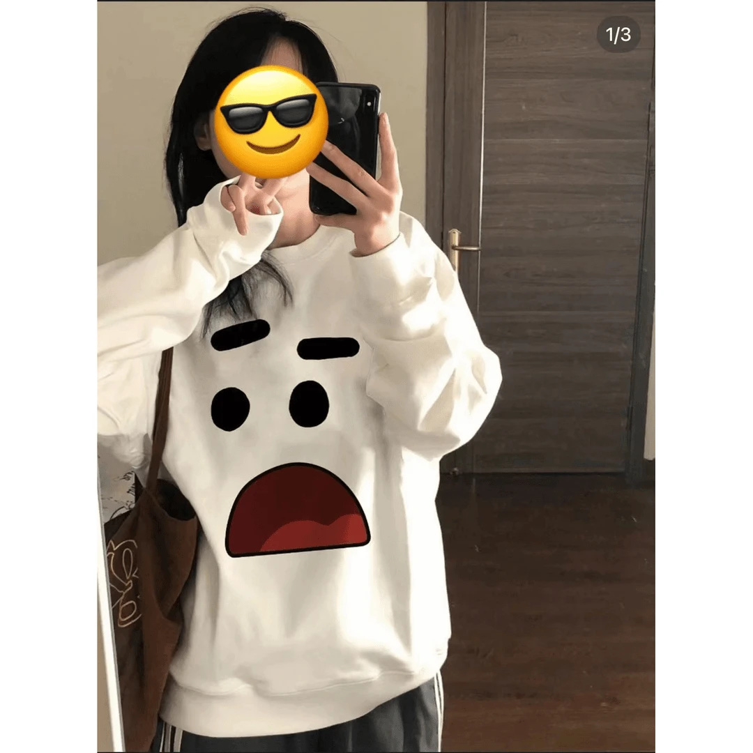 美式复古小众设计感卡通印花重磅卫衣女韩版港味圆领上衣表情