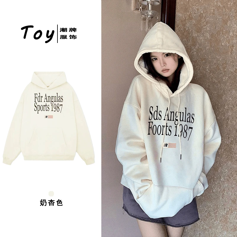 韩国hiphop超好看字母#1987连帽加绒卫衣情侣款秋冬宽松休闲百搭