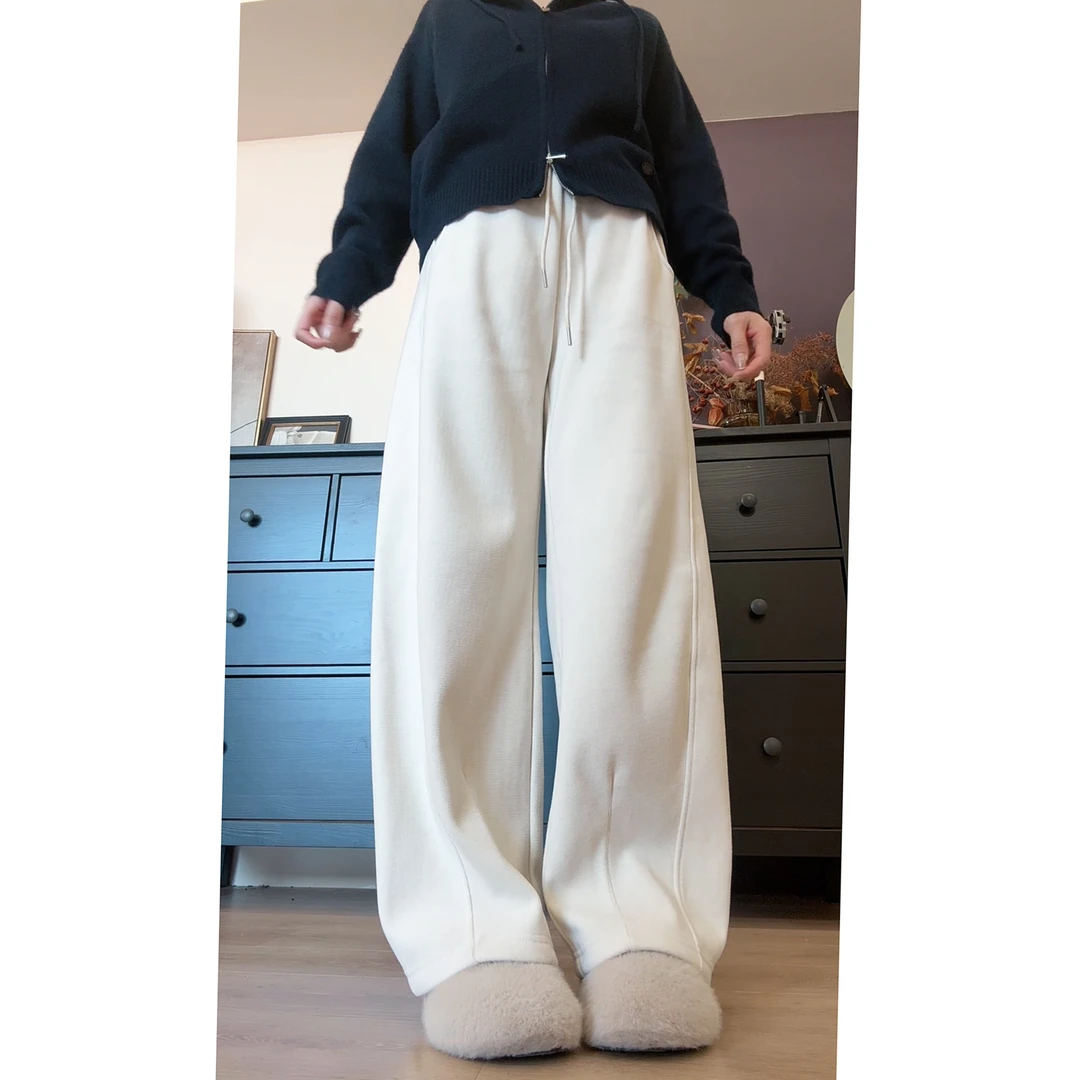 秋冬加绒加厚的巨显瘦糯米裤松紧高腰垂感直筒阔腿休闲长裤S1115