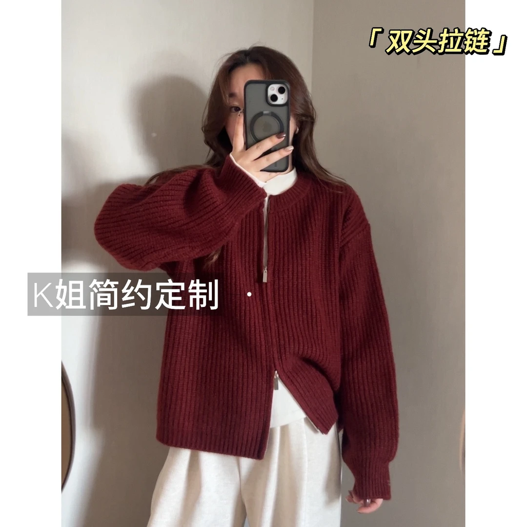 加厚双拉链短款针织开衫秋冬女新款时尚显瘦休闲圆领毛衣D1506