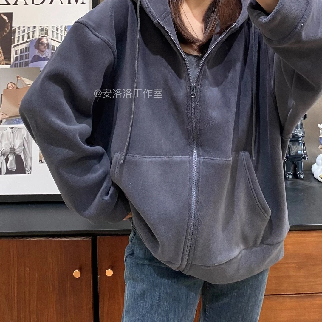 【安洛洛】连帽奥粒绒卫衣外套女秋冬宽松拉链开衫D582