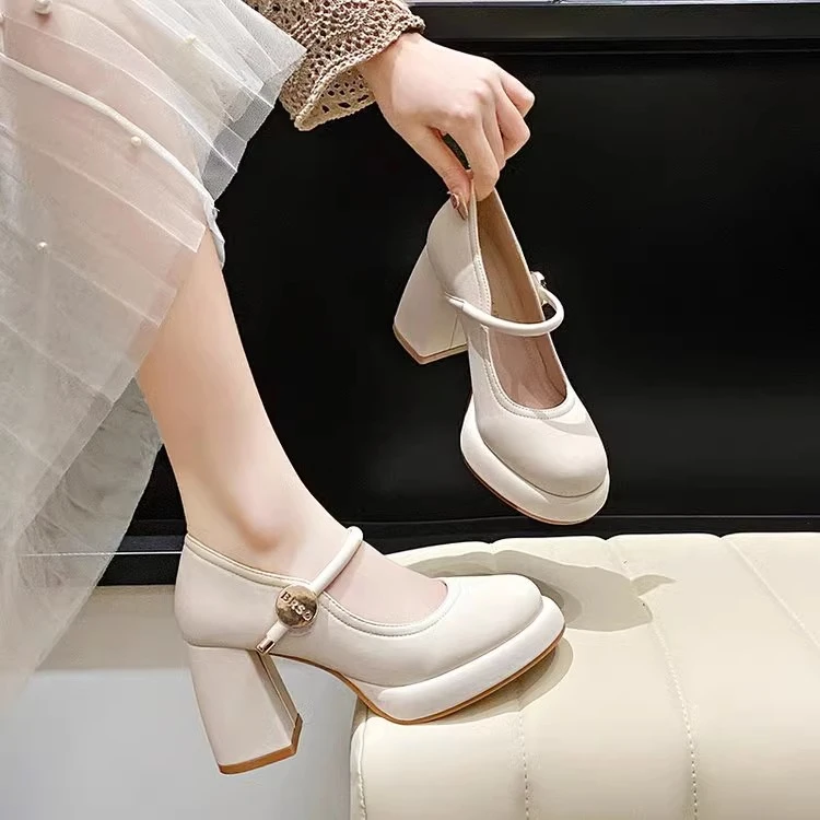 法式风玛丽珍高跟鞋女鞋粗跟2025新款旗袍防水台皮鞋白色春季单鞋