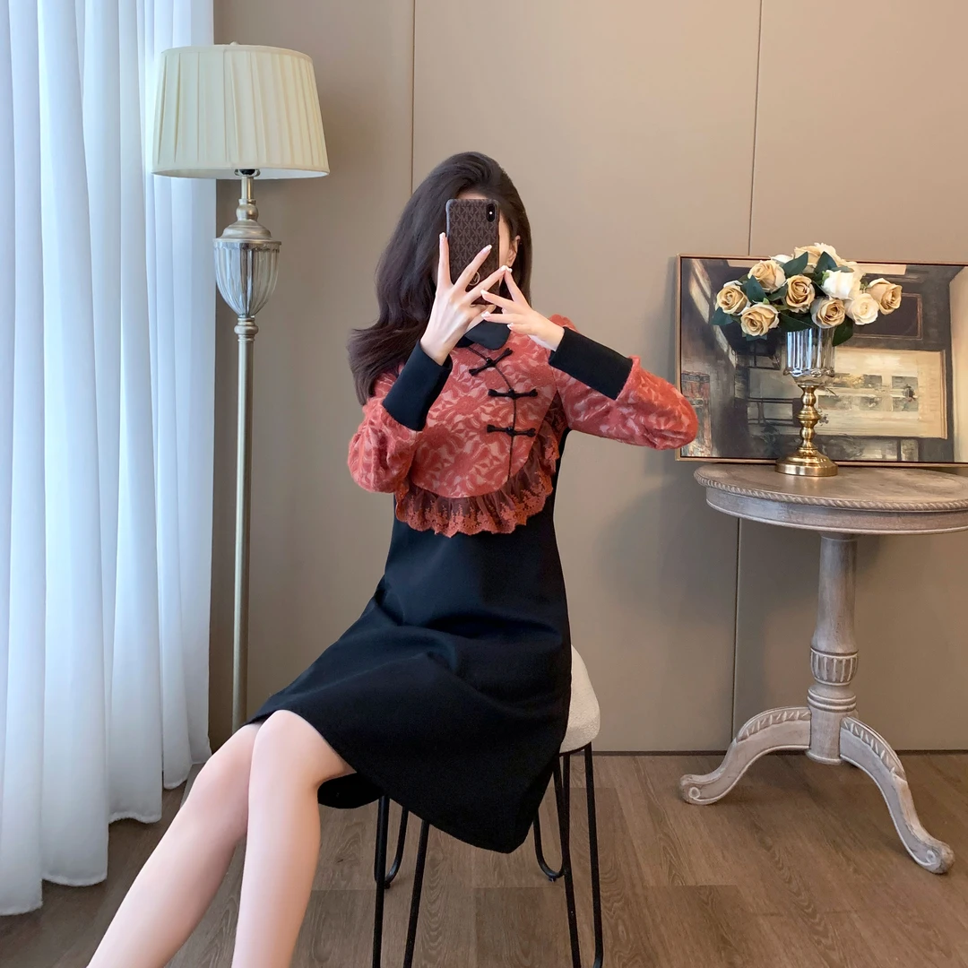 新中式国风女装连衣裙秋冬新款复古气质减龄冬天配大衣打底裙子棉