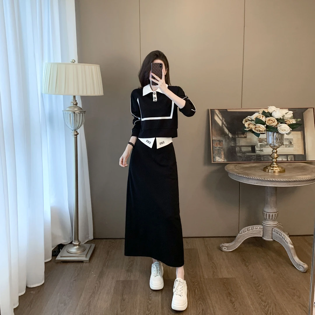 高级感套装裙秋冬新款洋气时髦显瘦黑色拼接时尚休闲半身裙两件套