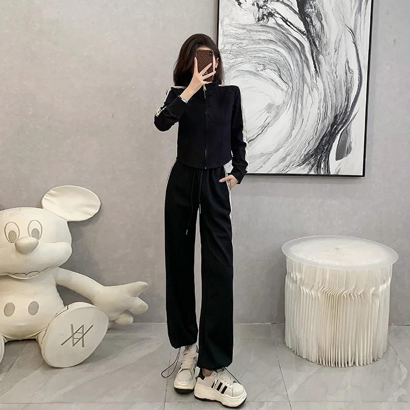 时尚休闲套装女2023秋季网红气质宽松显瘦减龄黑色小个子两件套潮