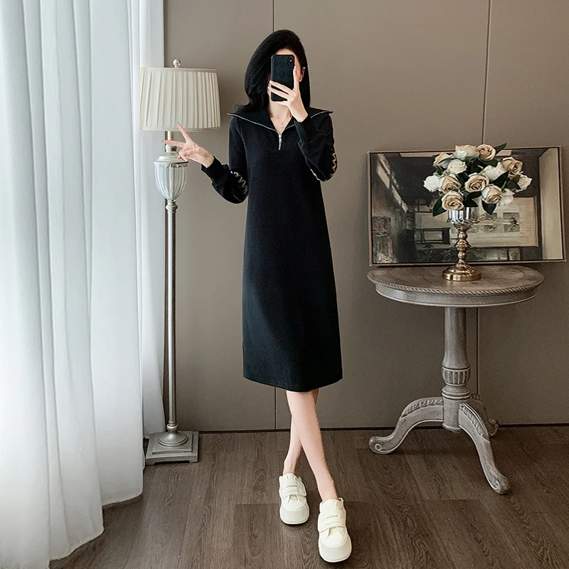 黑色针织毛衣连衣裙女秋冬新款宽松显瘦洋气减龄高档中长款裙子