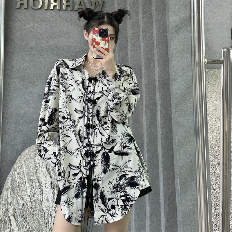 新中式女装水墨印花衬衫中长款流苏盘扣改良唐装国潮宽松防晒上衣