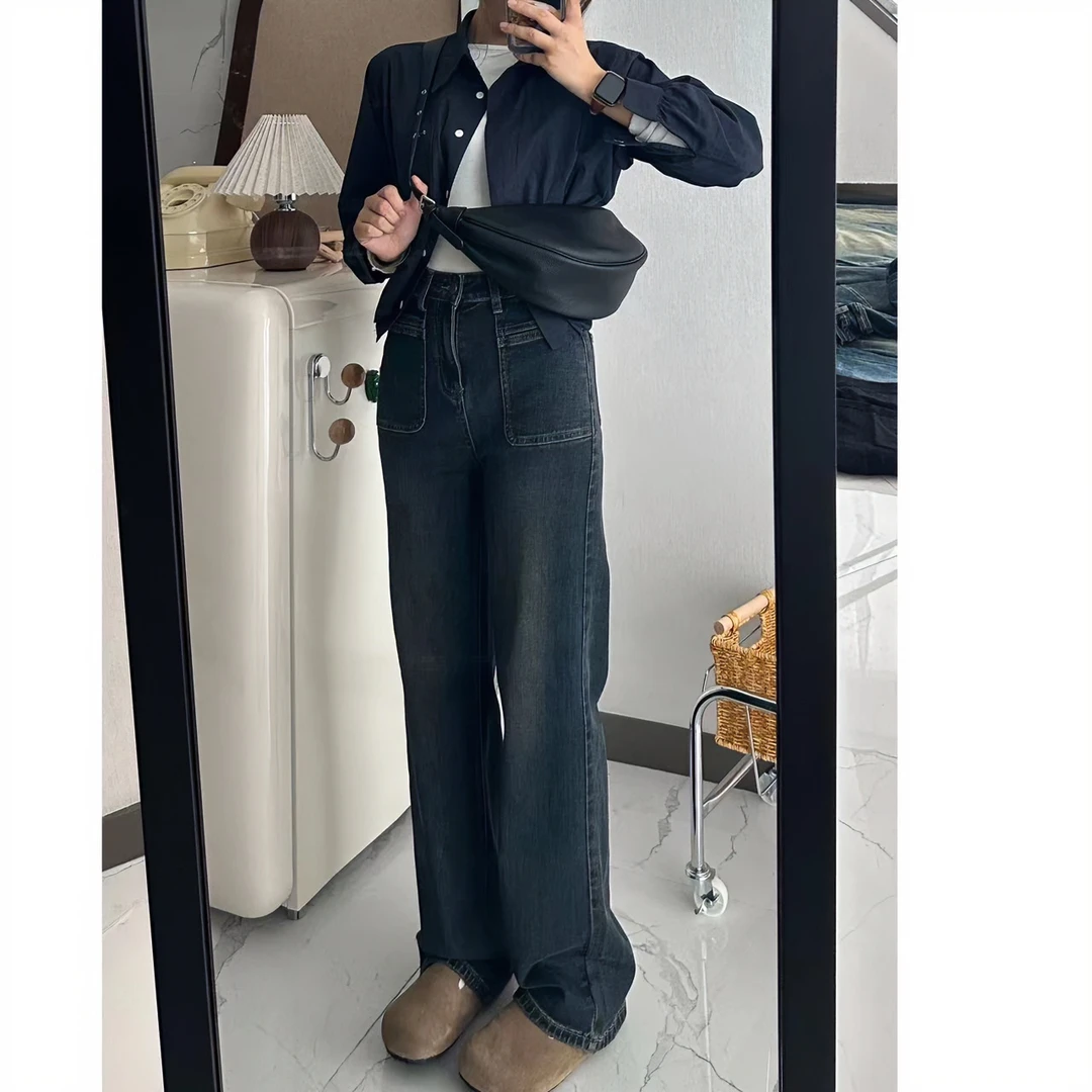 复古蓝高腰阔腿牛仔裤女秋季弹力直筒宽松小个子垂感拖地裤0818#