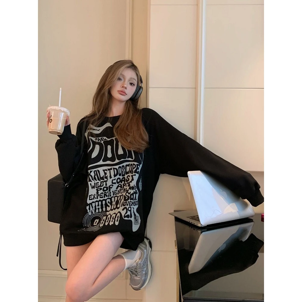 春秋美式圆领套头卫衣女款长袖宽松字母印花上衣小众潮牌卫衣210