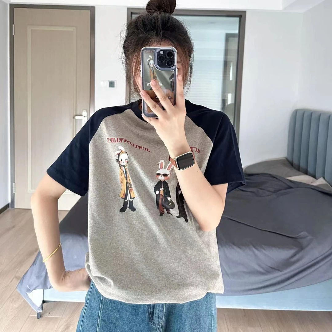 卡通印花短袖T恤女2023夏季新款宽松百搭休闲显瘦插肩袖上衣女178