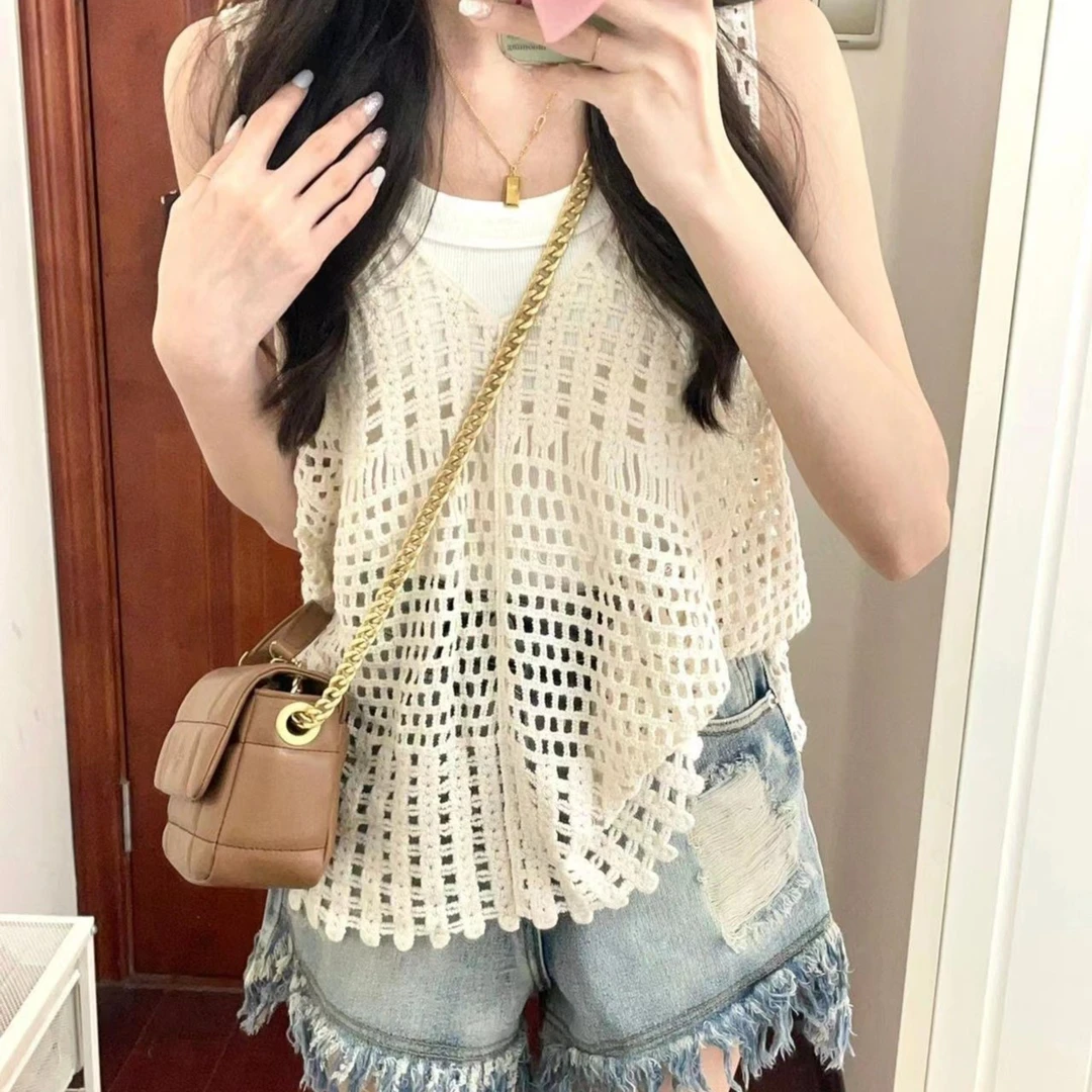 钩花镂空针织背心马甲女夏外搭新款韩版复古宽松无袖吊带上衣116#