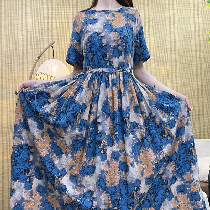 蓝色妖姬 夏季新款亚麻大摆裙优雅气质系带收腰显瘦气质长裙