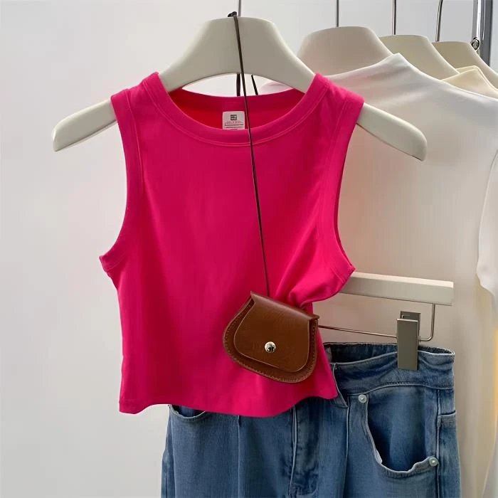 火龙果色背心内外搭修身设计感小背心女无袖纯色t恤辣妹ins夏日