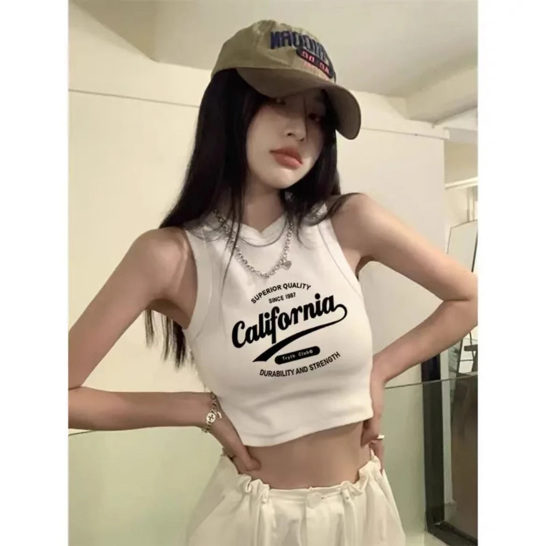 短款辣妹白色吊带背心女夏季新款设计感美式字母内搭打底无袖上衣
