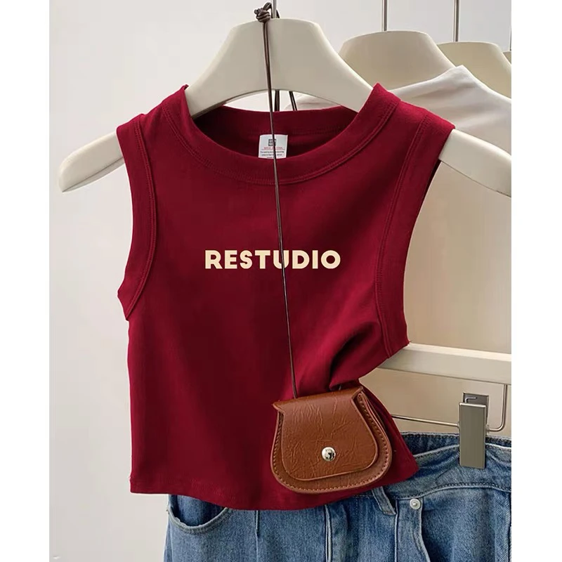 美式红色无袖背心t恤女2024夏季新款外穿吊带内搭打底小个子上衣