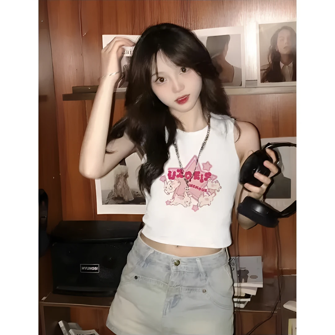 百搭夏季多巴胺卡通白色无袖上衣T恤女设计感小众辣妹外穿背心潮