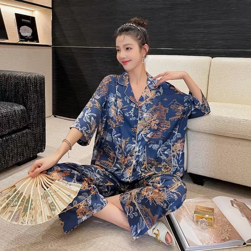 2025新款冰丝睡衣春夏季限定国潮风天阙蓝女士轻奢睡衣家居服套装