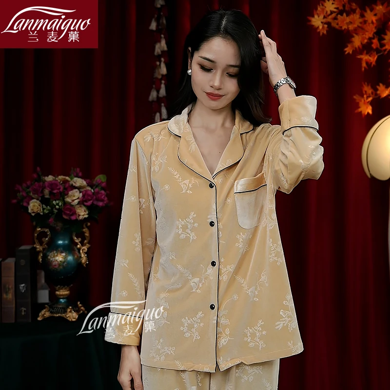 【金丝绒】睡衣女2025新款秋冬季奢华提花保暖长袖家居服套装可外穿