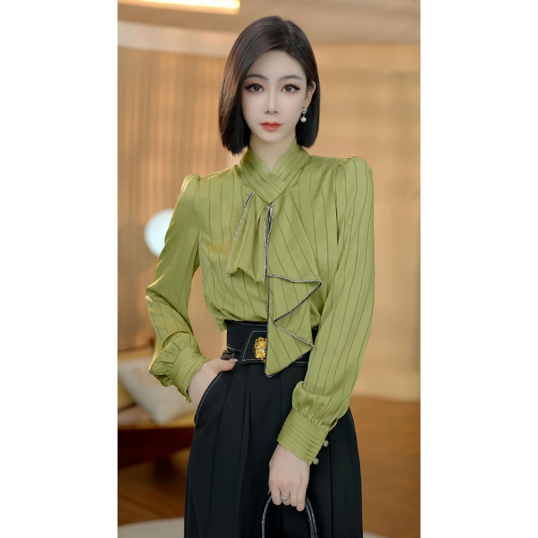 格娜2024年早秋新款气质别致设计感小众时尚简约条纹长袖女款上衣