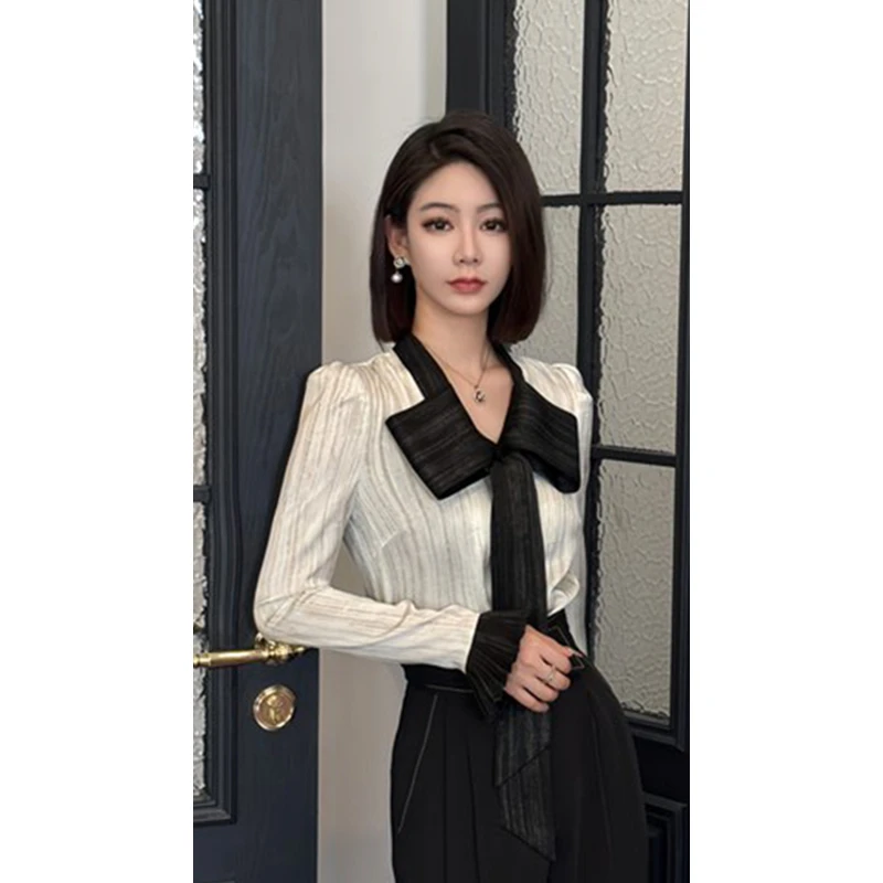 格娜秋季新款细闪撞色蝴蝶结领长袖显瘦拼接气质小香风女装上衣