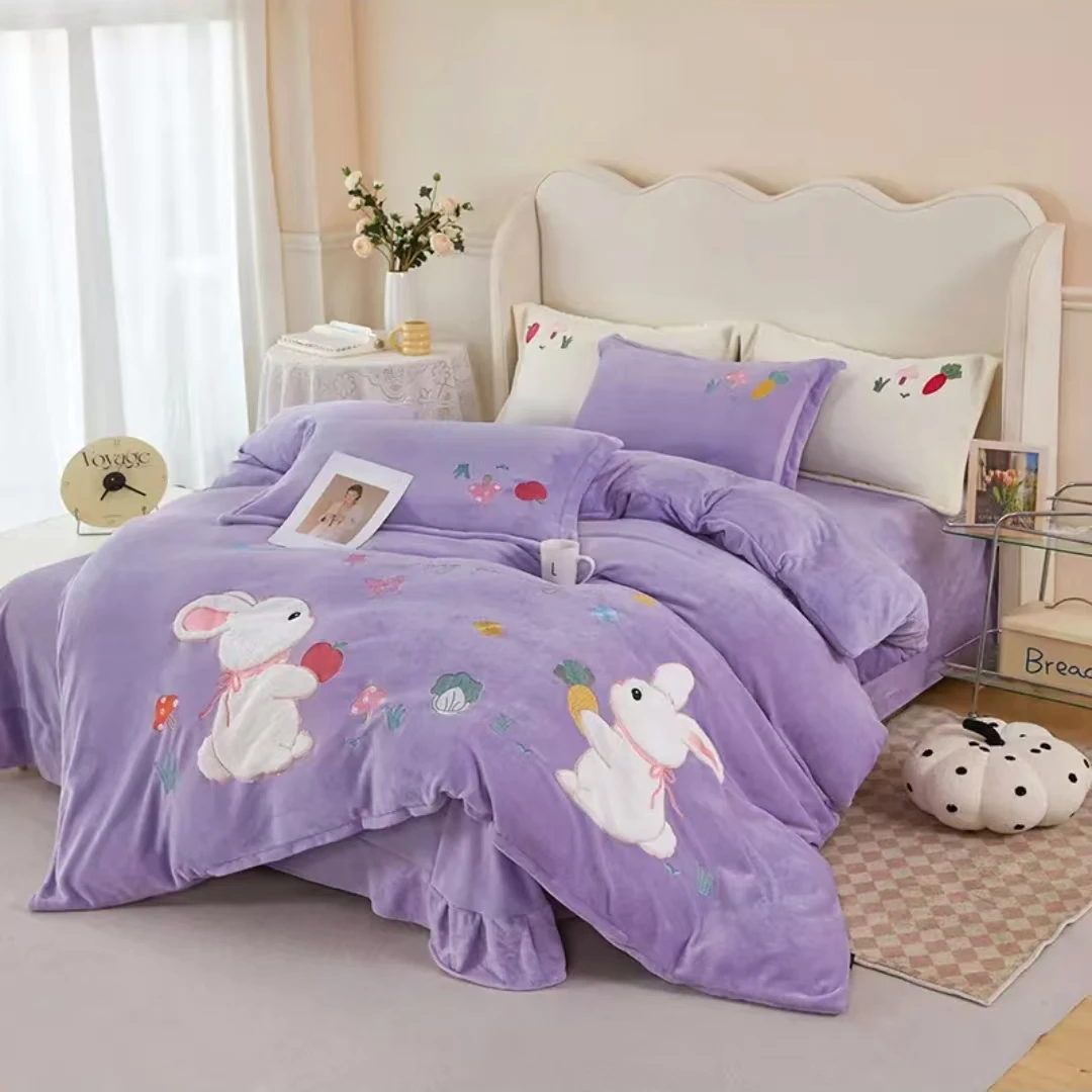 卡通贴布绣款（一对兔子）加厚牛奶绒四件套