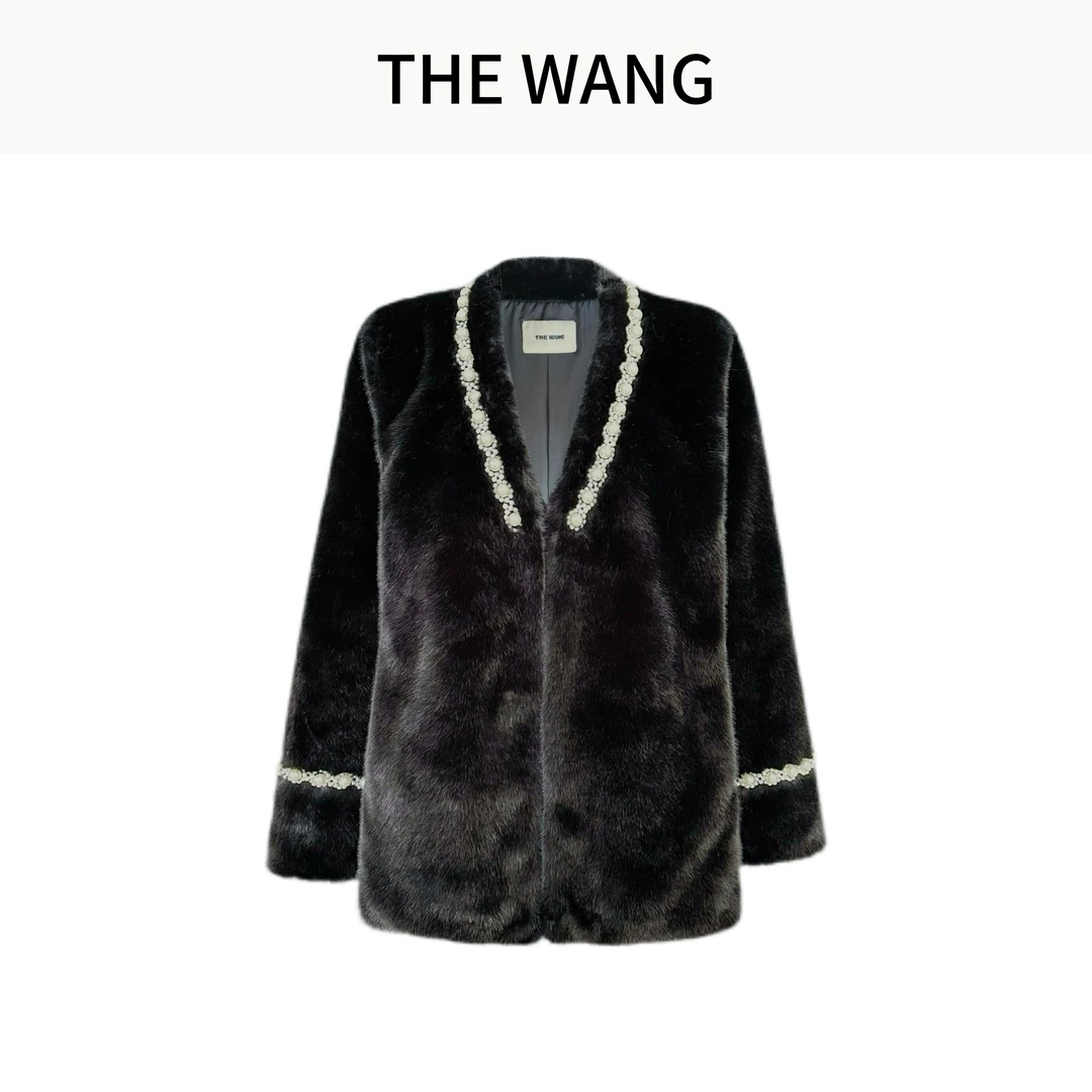 人造皮草 THE WANG 玛格丽特 小香风串珠外套轻奢