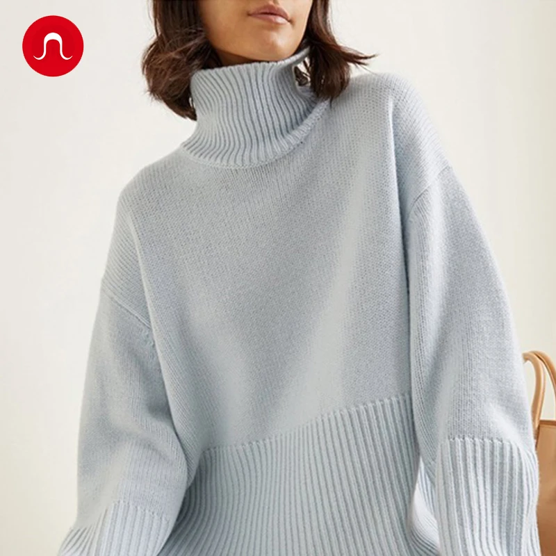 lulubcvum秋冬针织衫高领毛衣外套宽松下摆开衩显瘦纯色外穿lulu