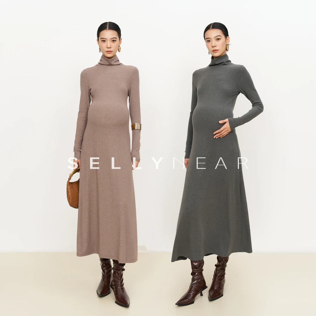 SELLYNEAR孕妇针织连衣裙秋冬新款时尚显瘦高领长袖针织打底长裙