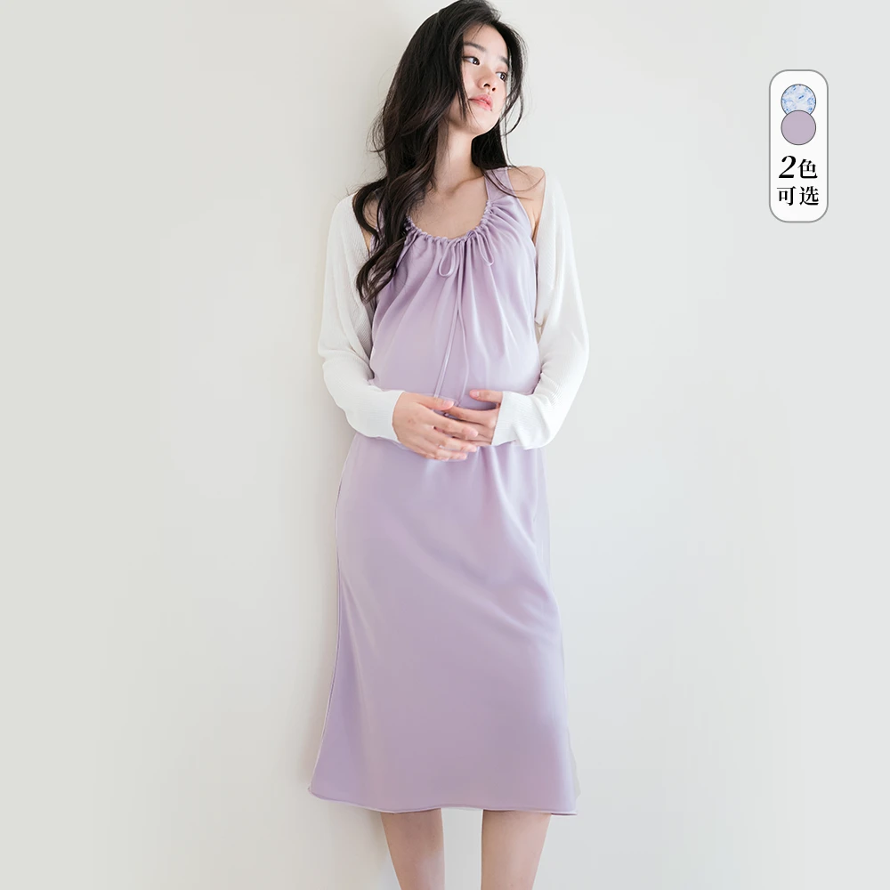 BELLYWEAR孕妇套装春秋新款时尚法式小罩衫流光缎面连衣裙两件套