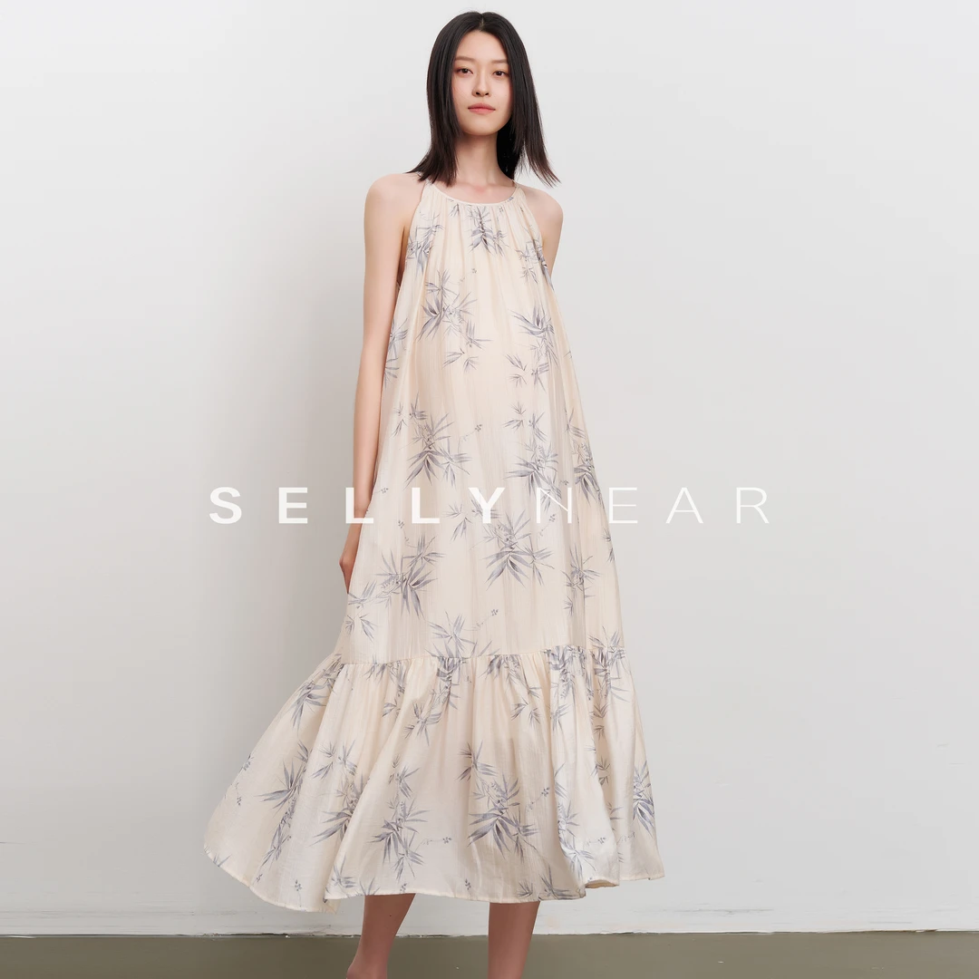 SELLYNEAR新中式孕妇连衣裙青黛竹纹国风水墨竹纹印花挂脖长裙