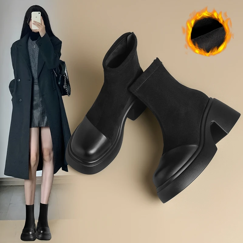 ZHR/则则厚底增高弹力靴袜靴女2025冬季英伦风时装短靴加绒瘦瘦靴