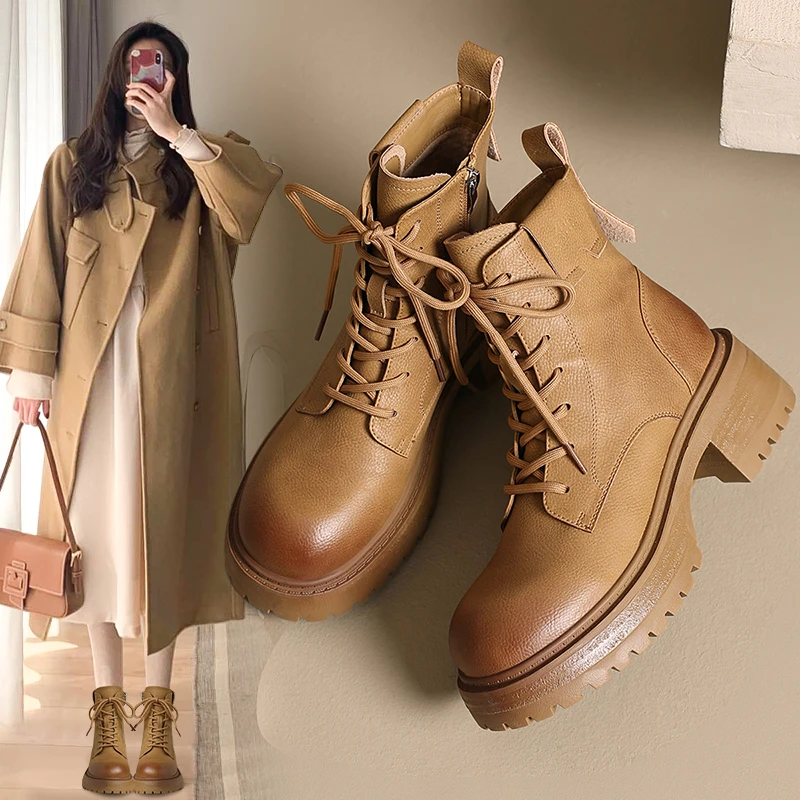 ZHR大黄靴时尚百搭英伦风马丁靴个性渐变擦色街头潮流粗跟女靴