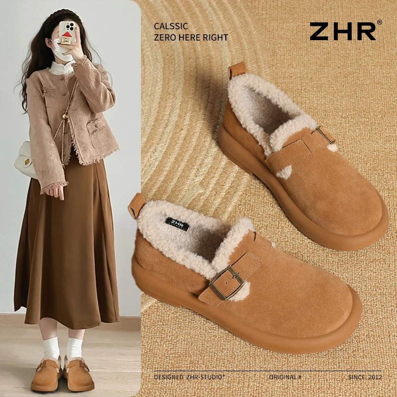 ZHR/则则真皮勃肯鞋女2025秋冬季新款加绒保暖单鞋舒适软底棉鞋女
