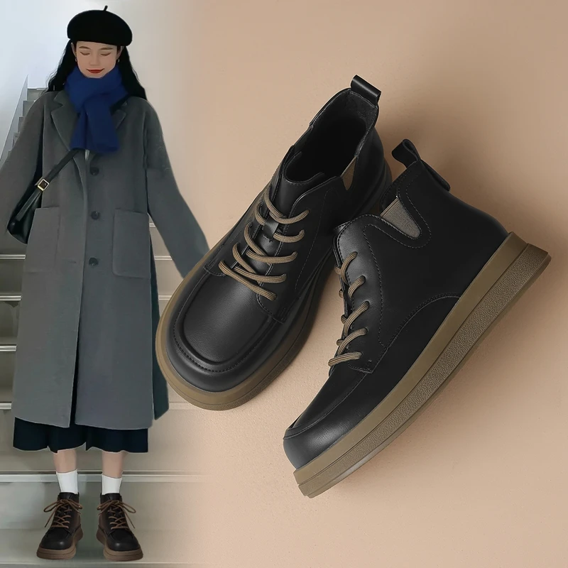 ZHR/则则厚底加绒马丁靴女2025秋冬季英伦风短靴复古系带单鞋女鞋