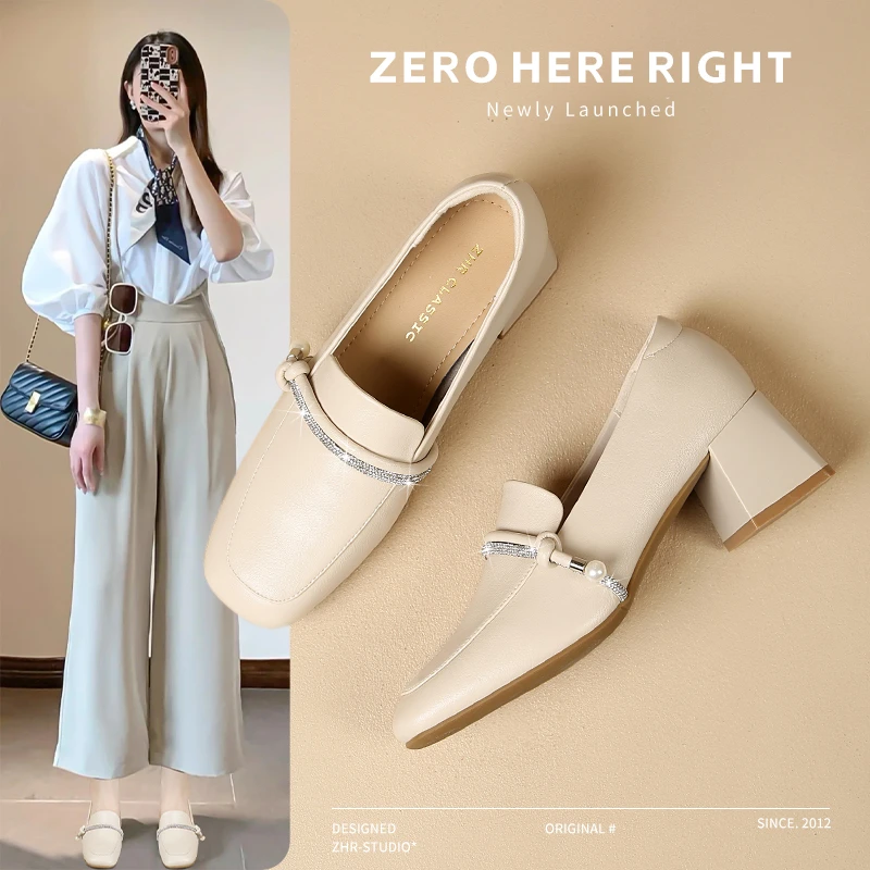 ZHR/则则珍珠水钻一字带单鞋女2024夏季法式方头女鞋粗跟乐福鞋