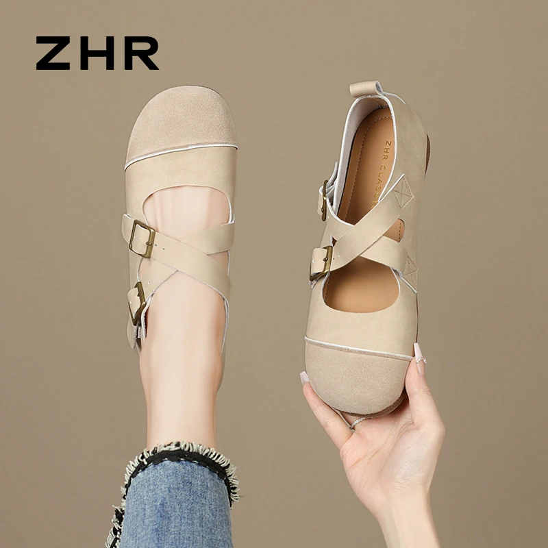 ZHR/则则勃肯鞋女芭蕾2025春季新款平底单鞋丑萌真皮软底豆豆鞋