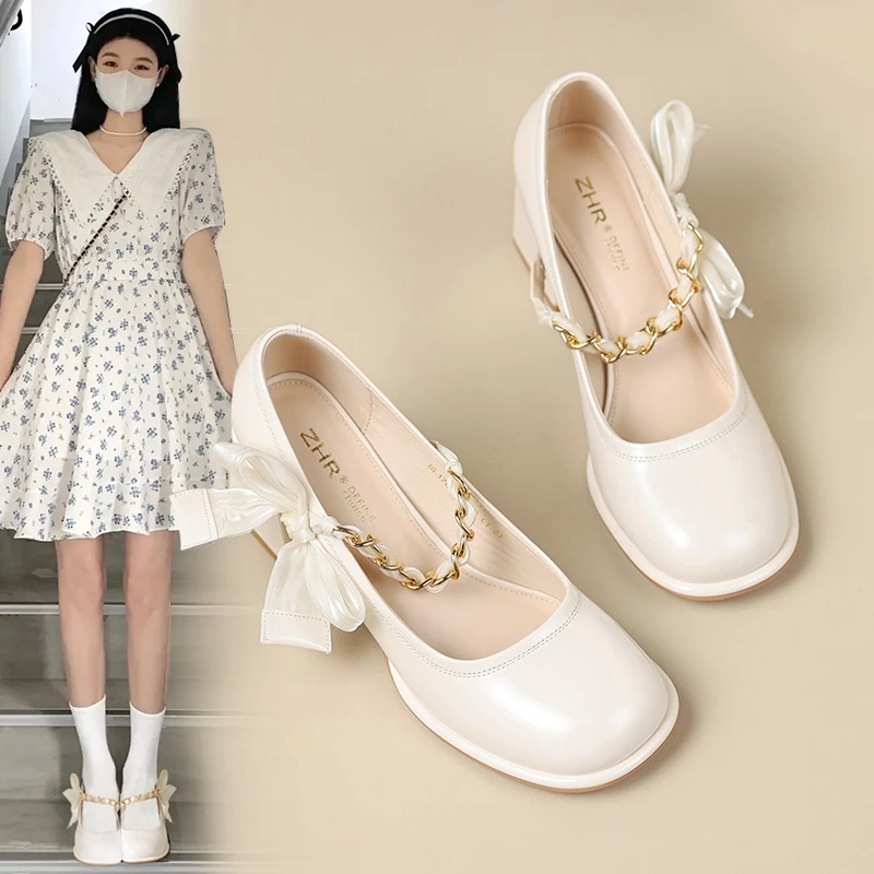 ZHR/则则玛丽珍鞋女气质蝴蝶结浅口粗高跟单鞋女优雅法式百搭女鞋