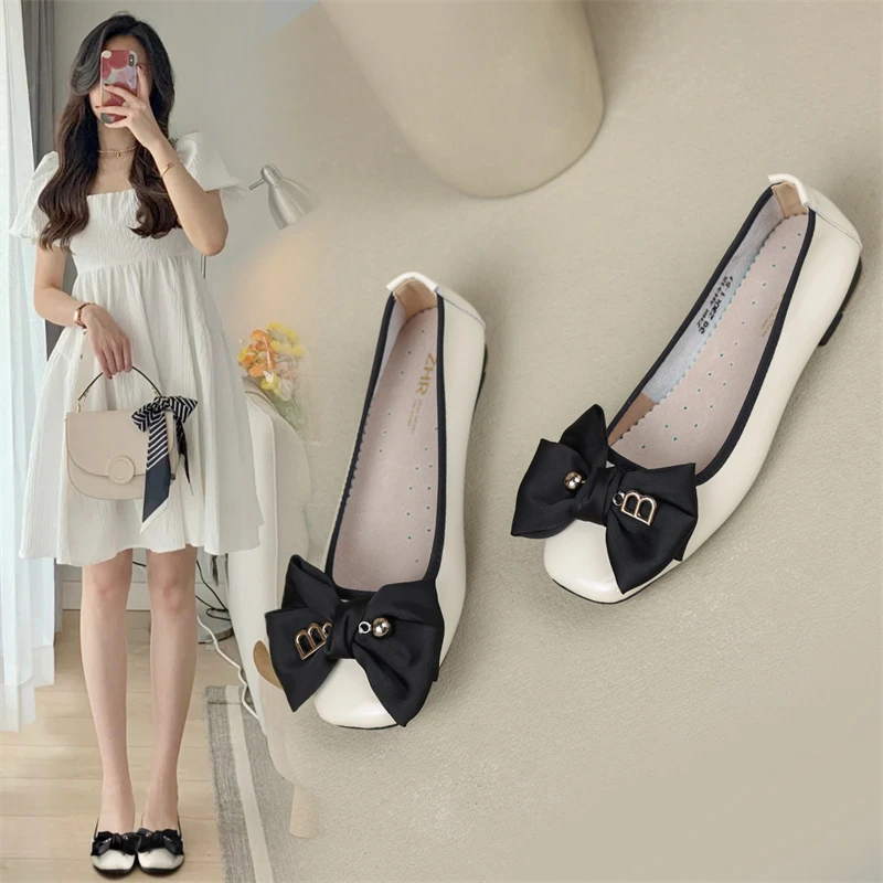 ZHR/则则蝴蝶结法式复古单鞋女2024夏季真皮百搭女鞋便捷一脚蹬女