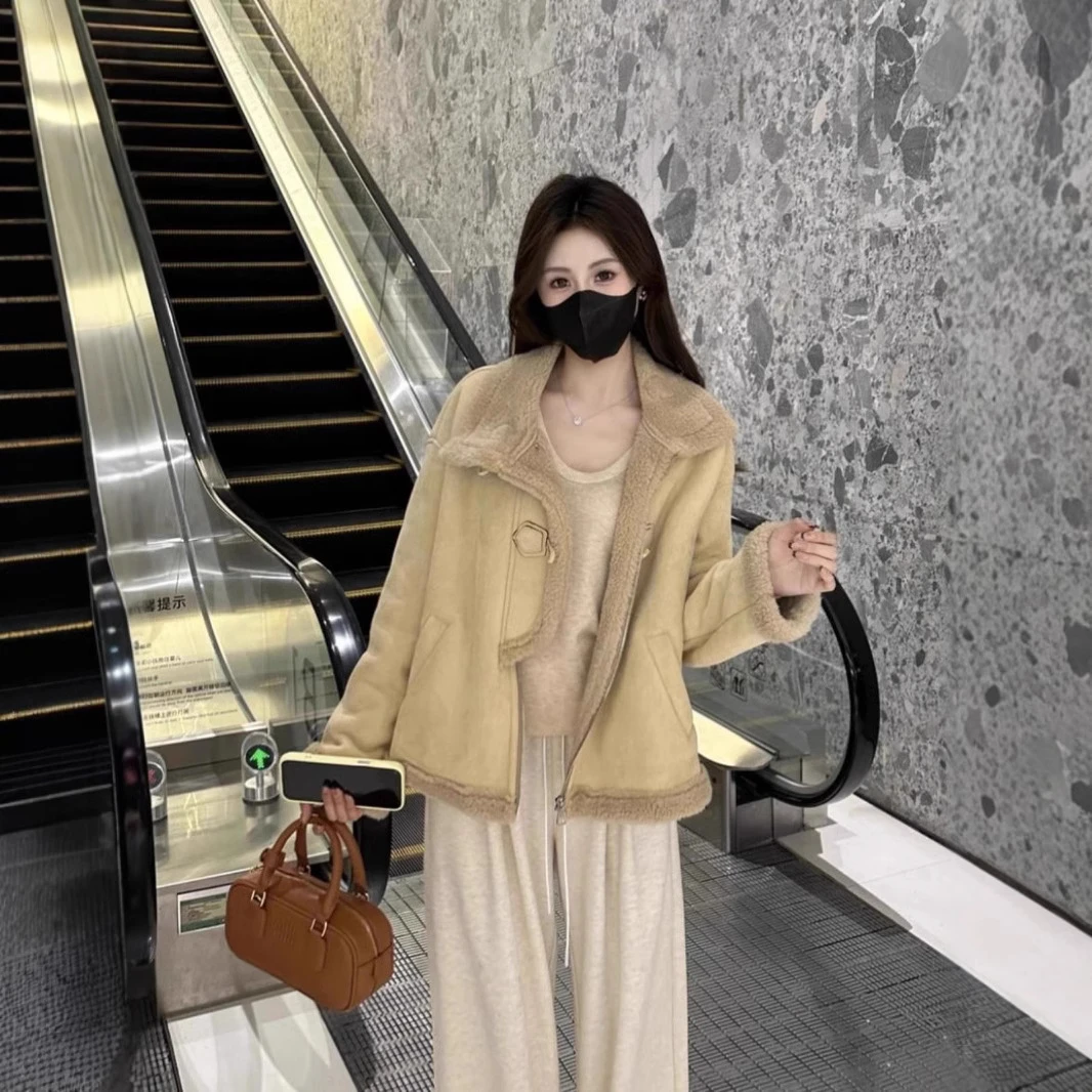 Liixuc冬2024新款休闲时尚保暖短款加绒韩国机车小外套女开襟夹克