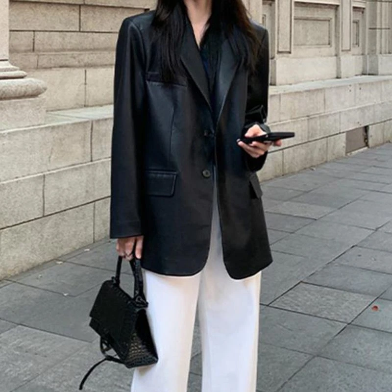 加厚中长款PU皮衣西装外套女春秋新款宽松气质感复古风衣