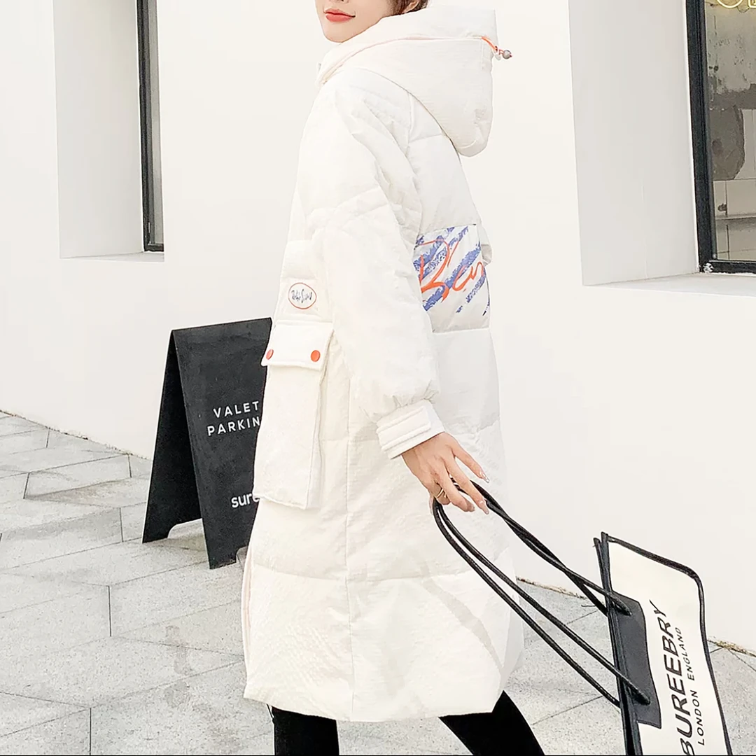 门店988！冬季女士中长款连帽宽松羽绒服外套12301