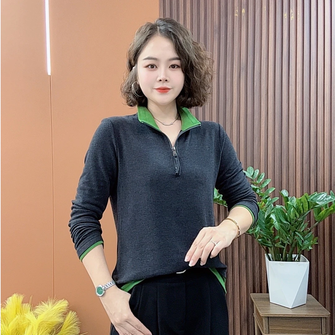 新款秋冬双面绒拼色洋气上衣显瘦可翻领可立领长袖Y771